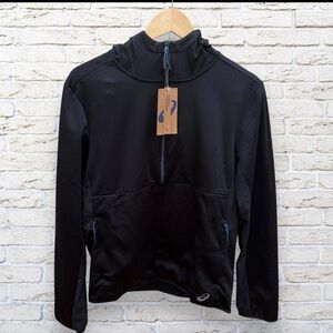 NWT ASICS Mens Knit Grid FLC QTR Zip Pullover Hoodie - Black Size Small